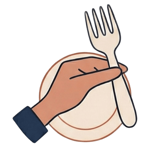 Hand holding a plate with fork